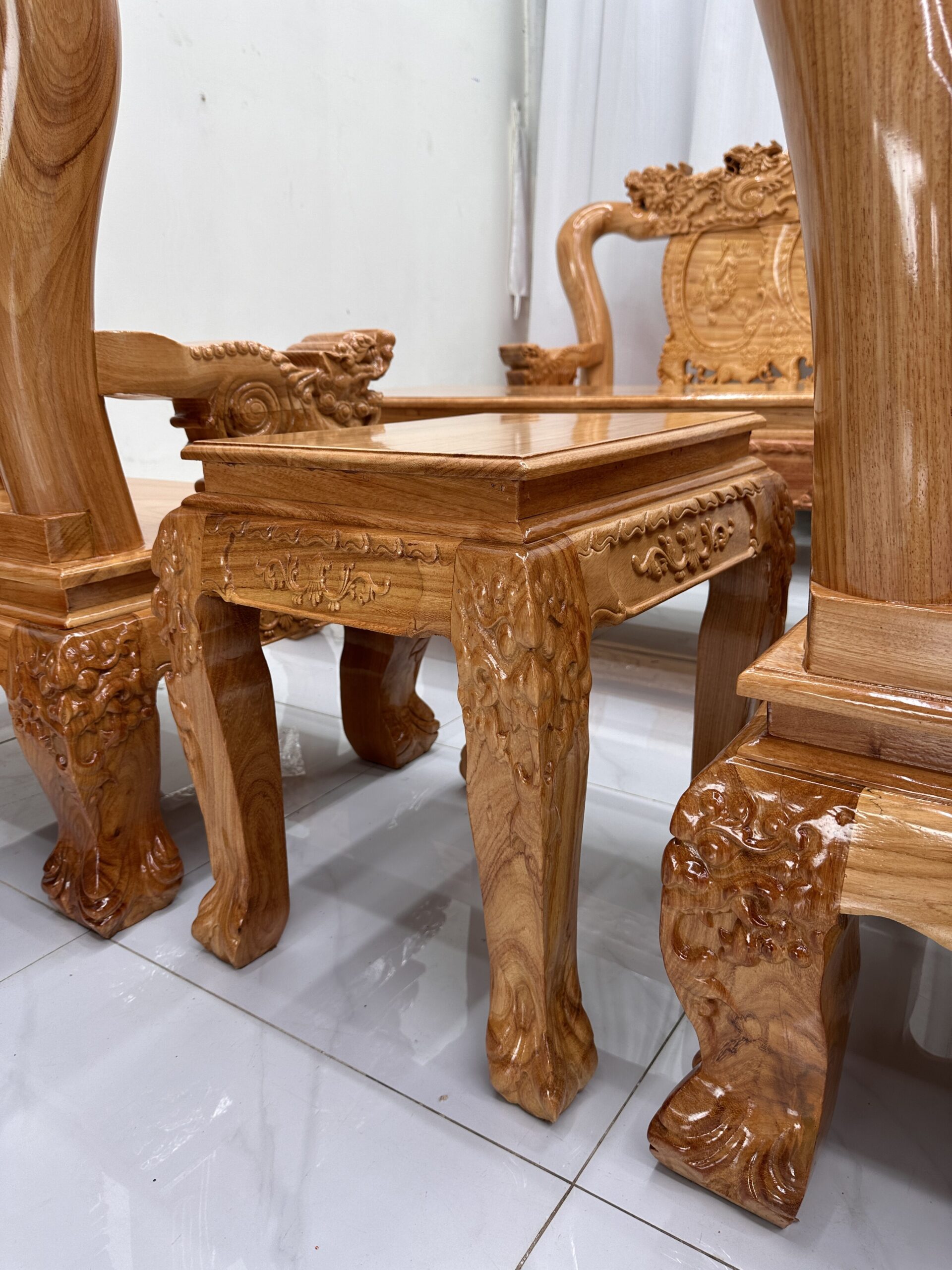 Bộ Sa lông gỗ gõ 5 đầu Nghê - Ảnh 4