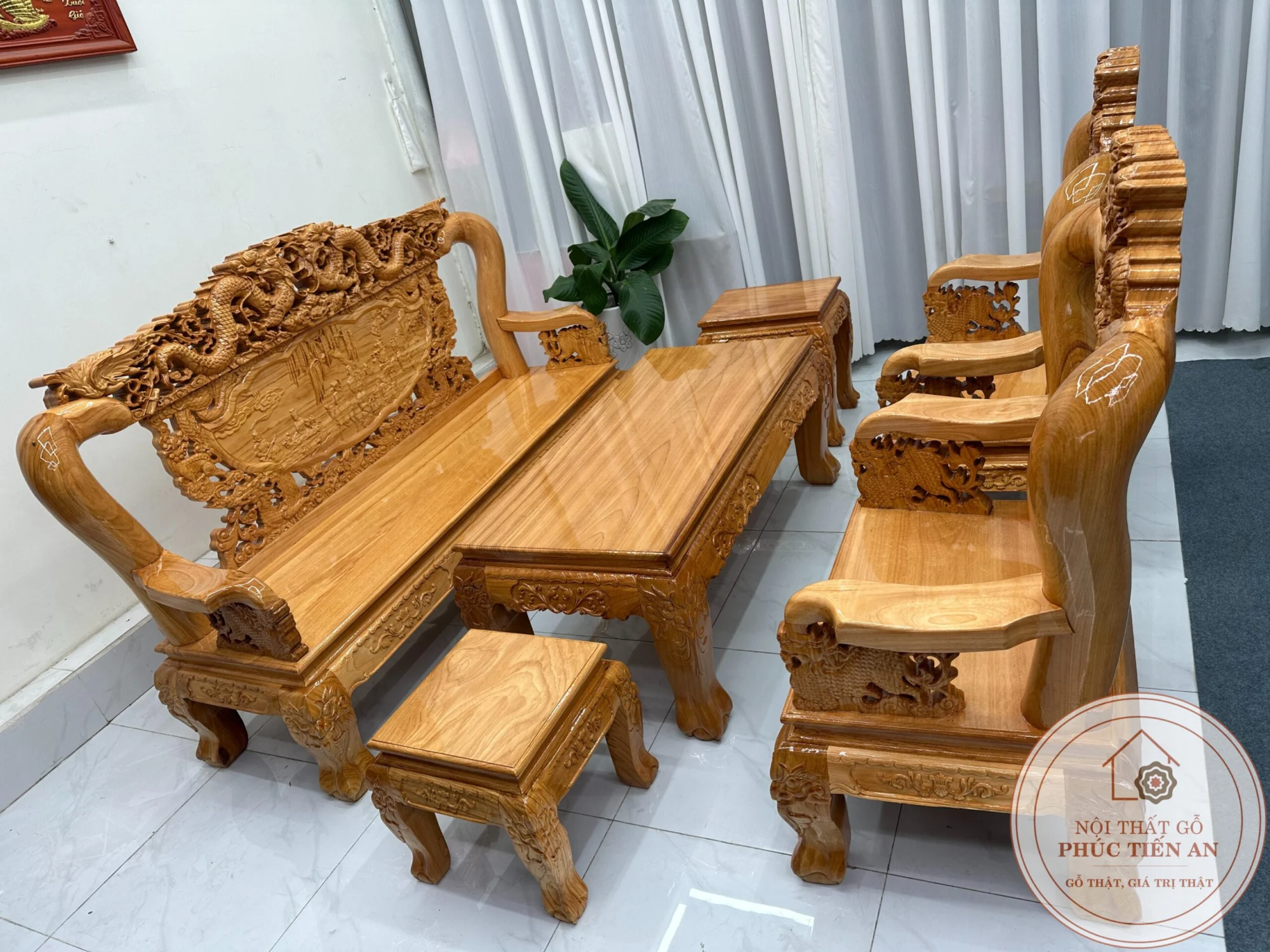 Bộ salon gỗ gõ Rồng Bát tiên tay Nghê